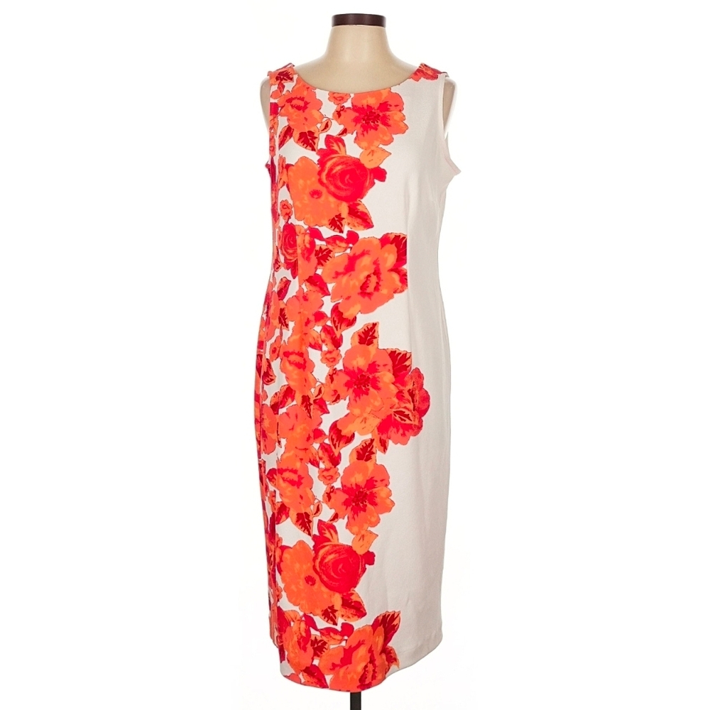 Sleeveless White Midi Dress with Bright Coral Floral Print